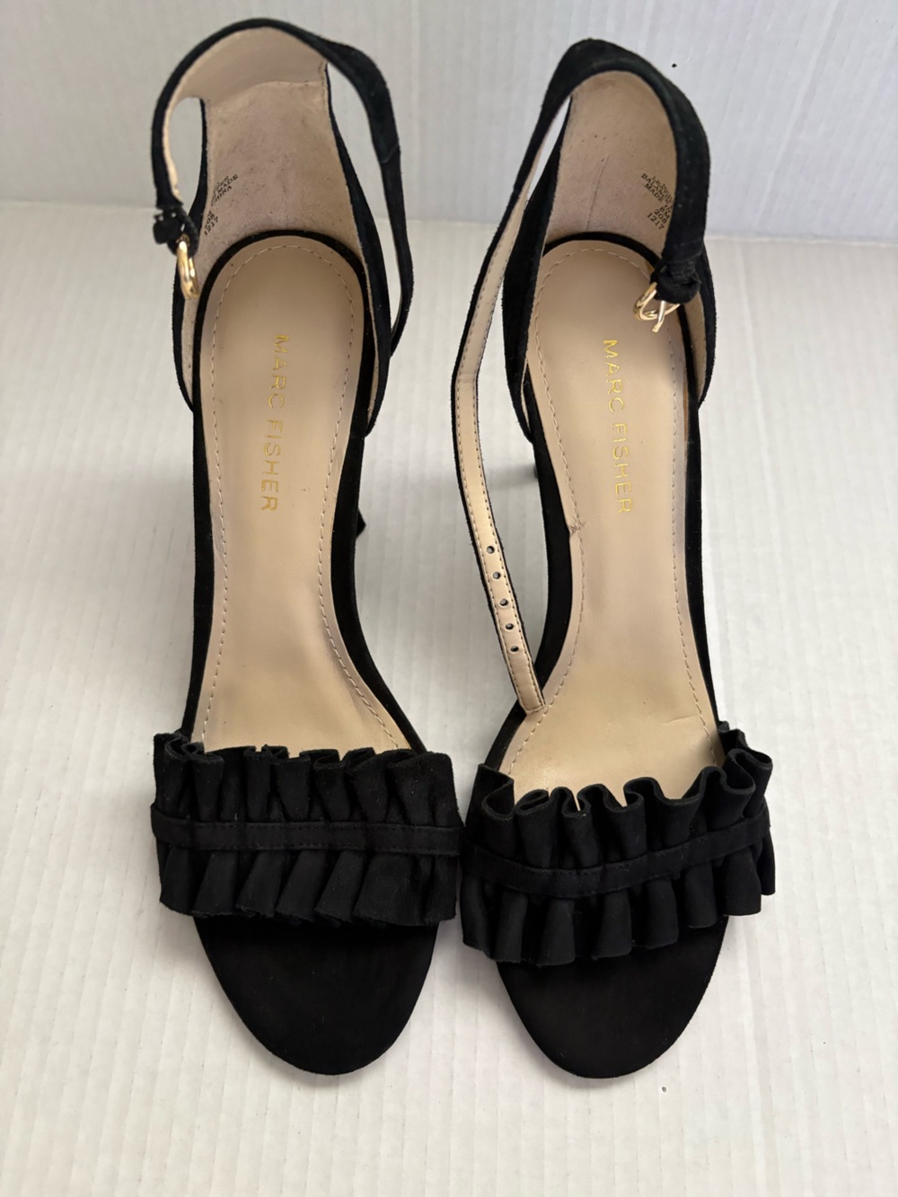Marc Fisher Black Ruffle Open-Toe Ankle Strap Heels size 8M and 3.5 inch heels.